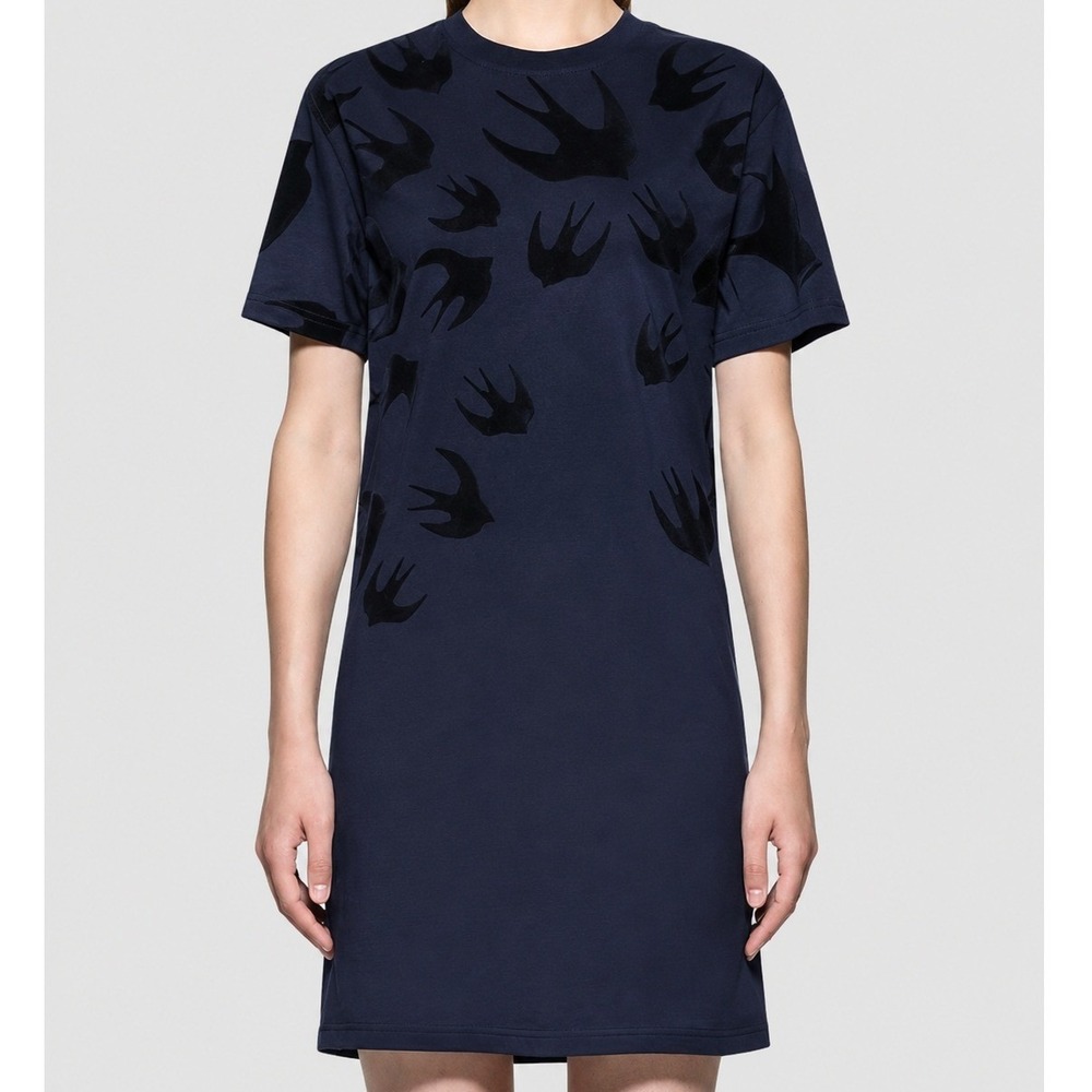 McQ Alexander McQueen Navy Black Swallow Print Tonal Velvet T-Shirt Dress XS